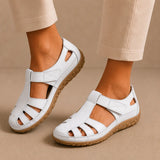 Bella Leather Cutwork Comfort Sandals in White, front view