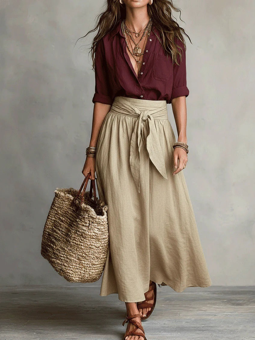 Boho linen tie waist maxi skirt in Khaki, view 3