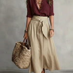 Boho linen tie waist maxi skirt in Khaki, view 3