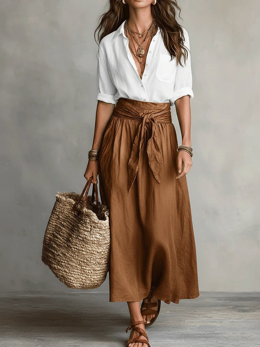 Boho linen tie waist maxi skirt in Brown, view 4