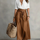 Boho linen tie waist maxi skirt in Brown, view 4