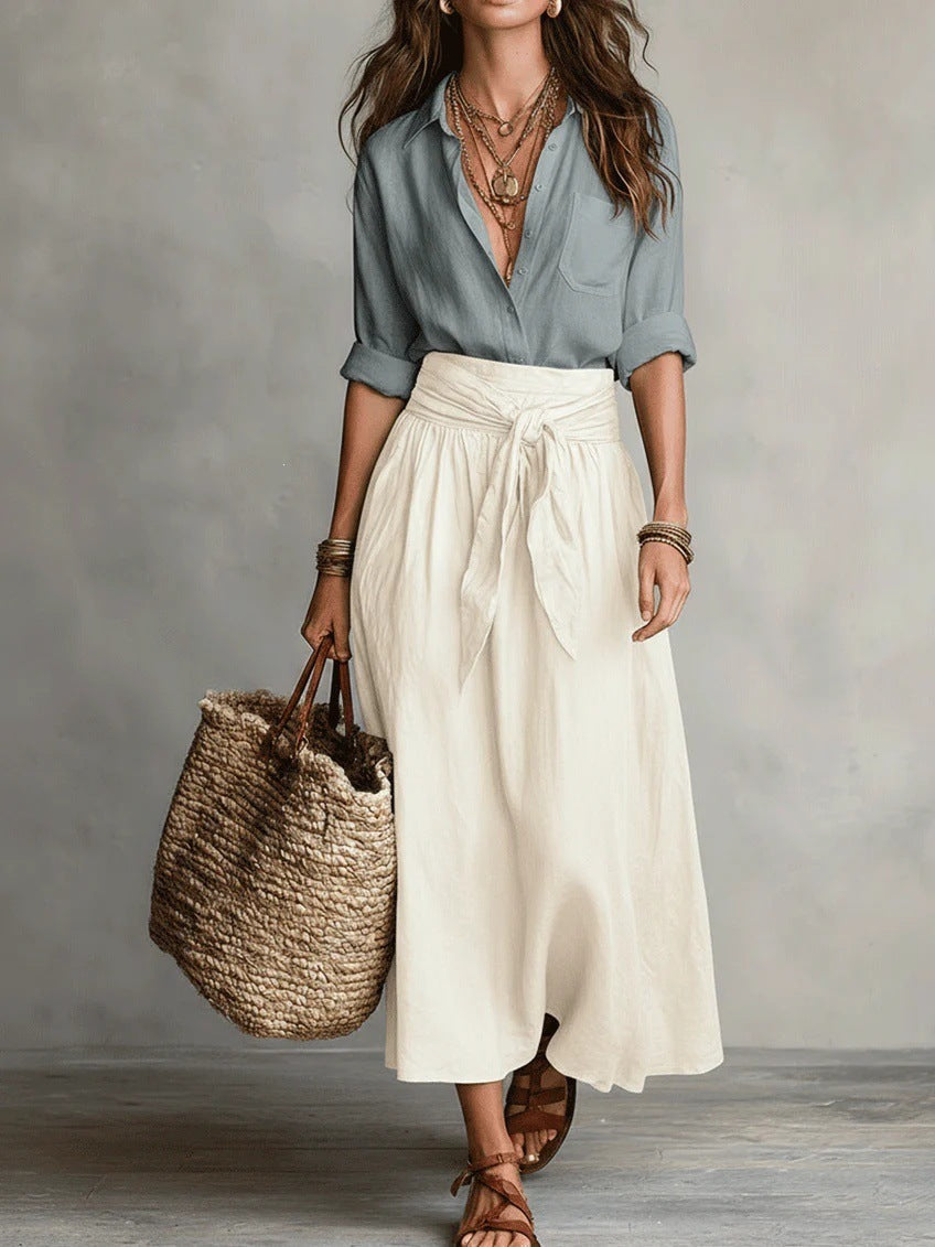 Boho linen tie waist maxi skirt in White, view 5