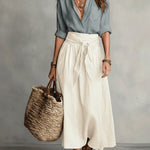 Boho linen tie waist maxi skirt in White, view 5