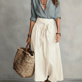 Boho linen tie waist maxi skirt in White, view 5
