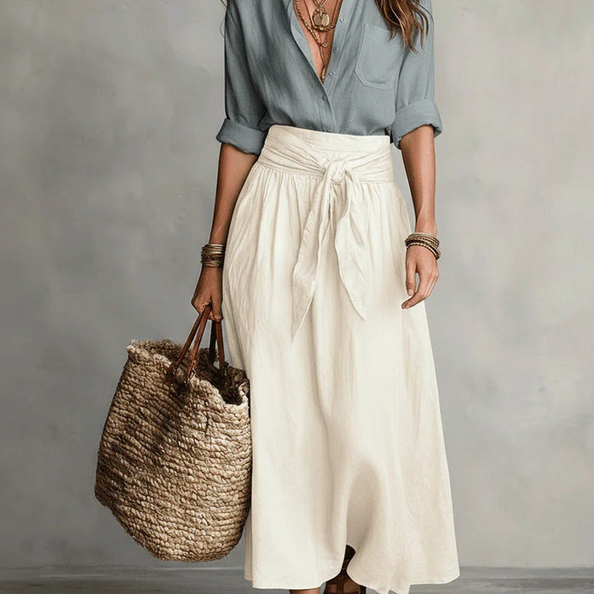 Boho linen tie waist maxi skirt in White, view 5