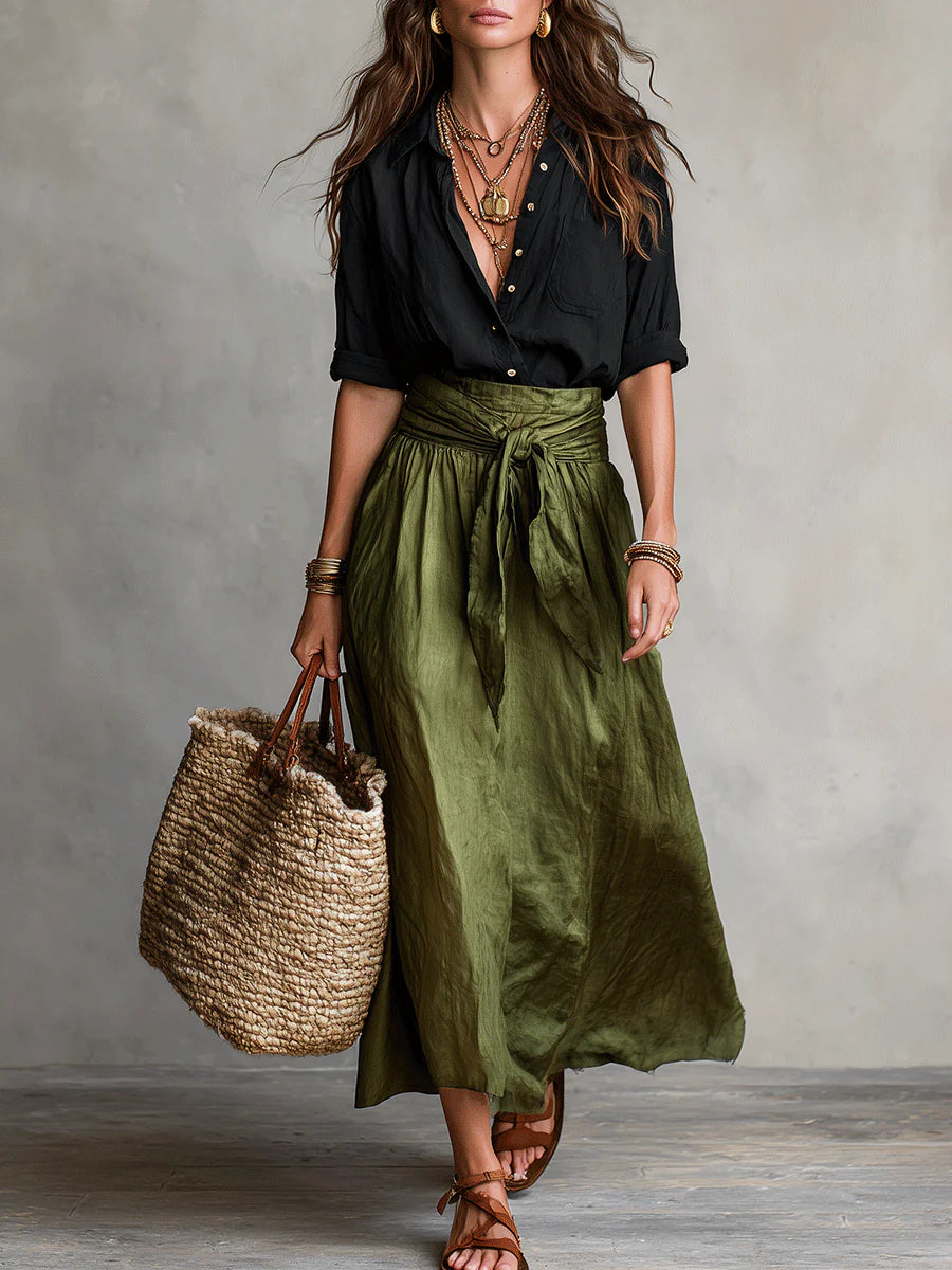 Boho linen tie waist maxi skirt in Green, front view