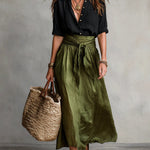 Boho linen tie waist maxi skirt in Green, front view