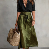 Boho linen tie waist maxi skirt in Green, front view