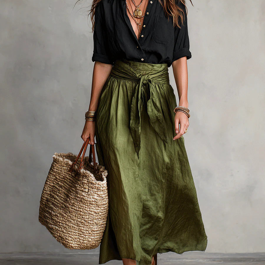 Boho linen tie waist maxi skirt in Green, front view