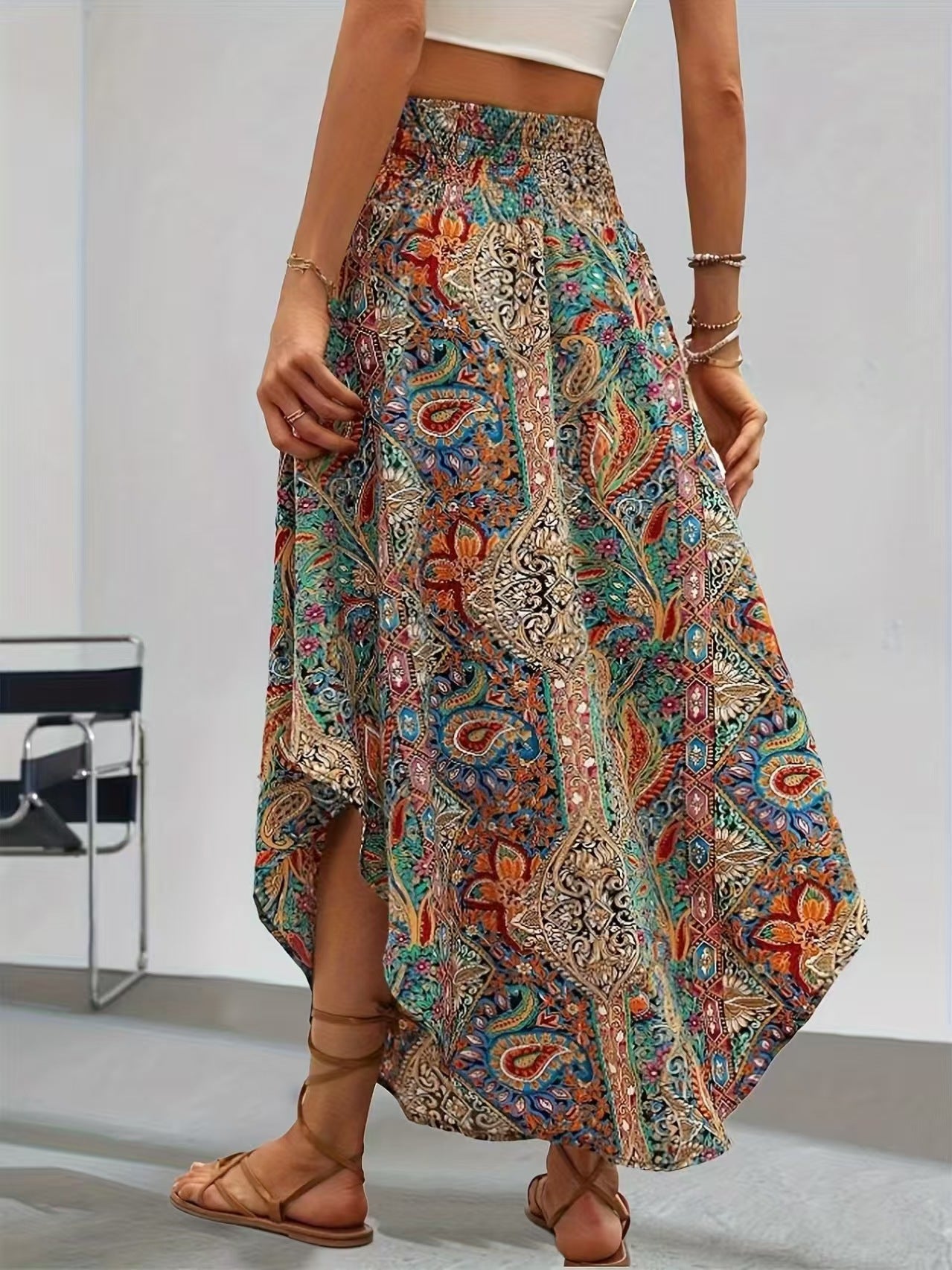 Boho paisley print asymmetric maxi skirt, view 3