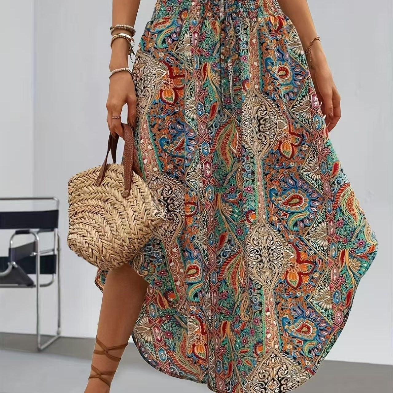 Boho paisley print asymmetric maxi skirt in Orange, view 2