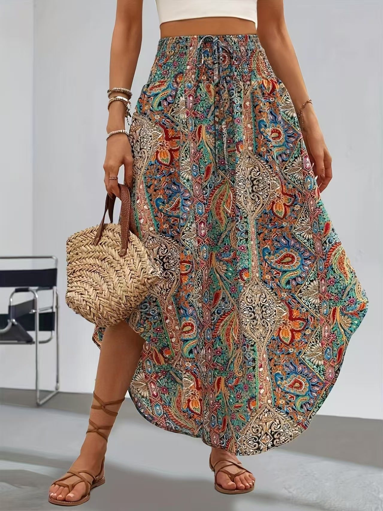 Boho paisley print asymmetric maxi skirt in Orange, view 2