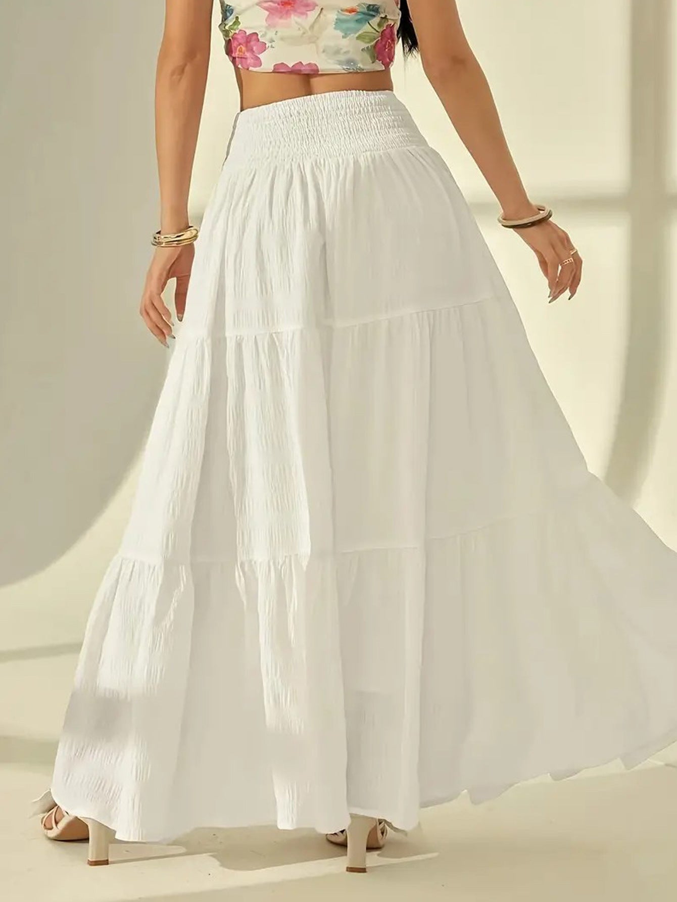 Boho tiered smocked waist maxi skirt, view 3