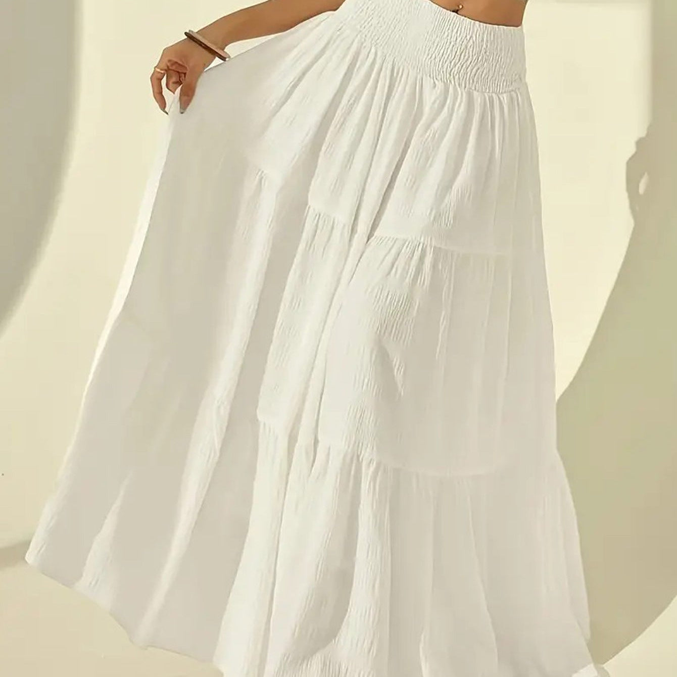 Boho tiered smocked waist maxi skirt in White, view 2