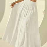 Boho tiered smocked waist maxi skirt in White, view 2
