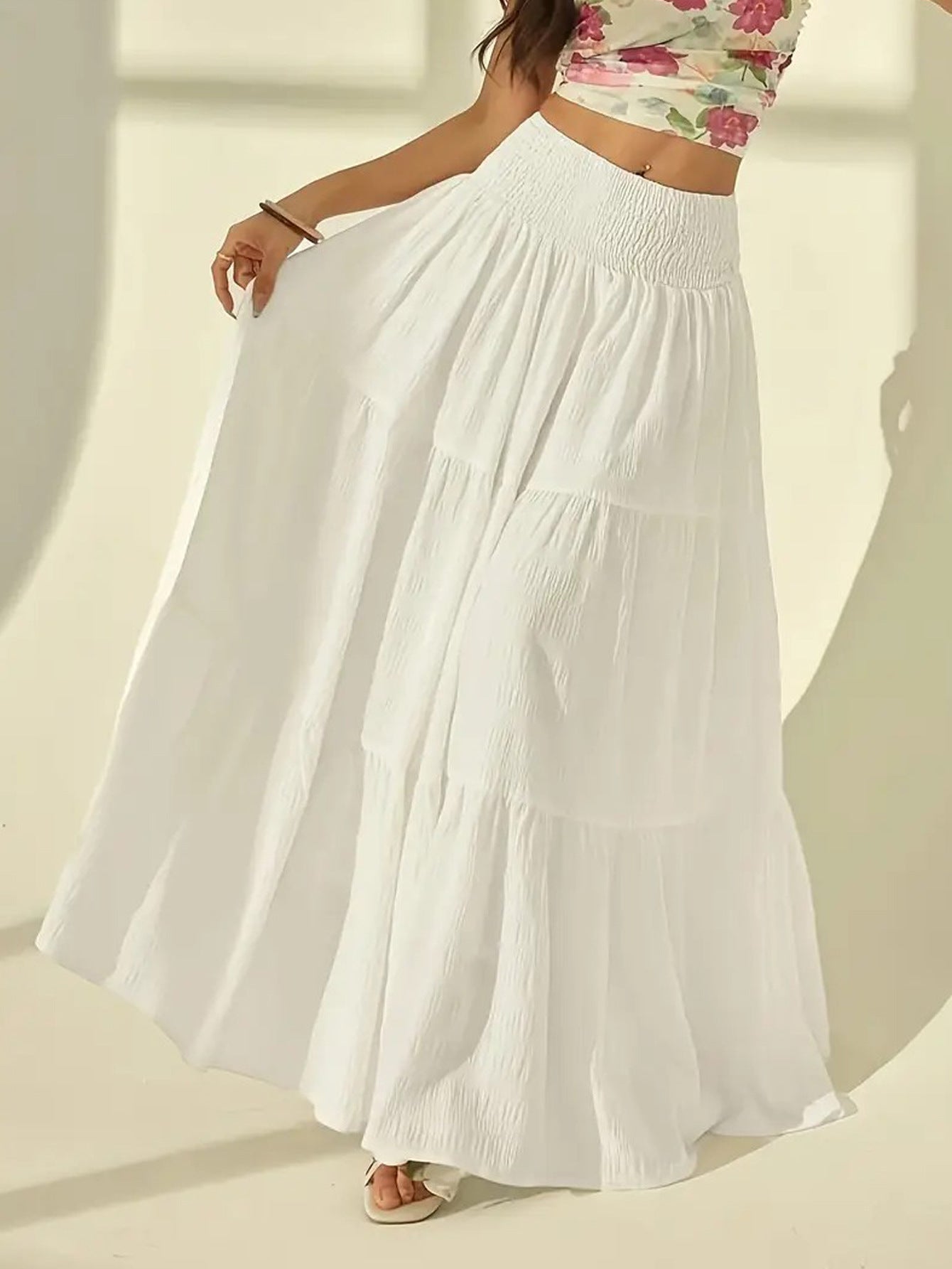 Boho tiered smocked waist maxi skirt in White, view 2