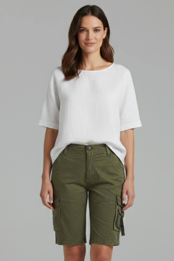 Cargo shorts with multi pocket detail in Army Green, front view