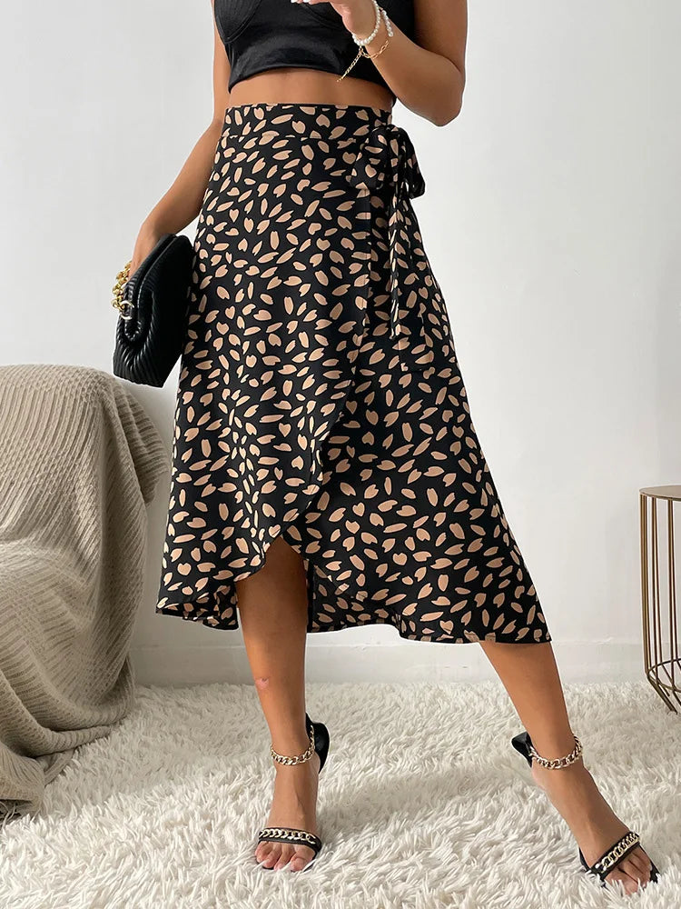 Leopard print tie waist midi skirt in Black, view 3