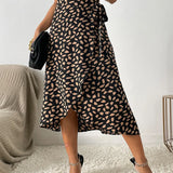 Leopard print tie waist midi skirt in Black, view 3