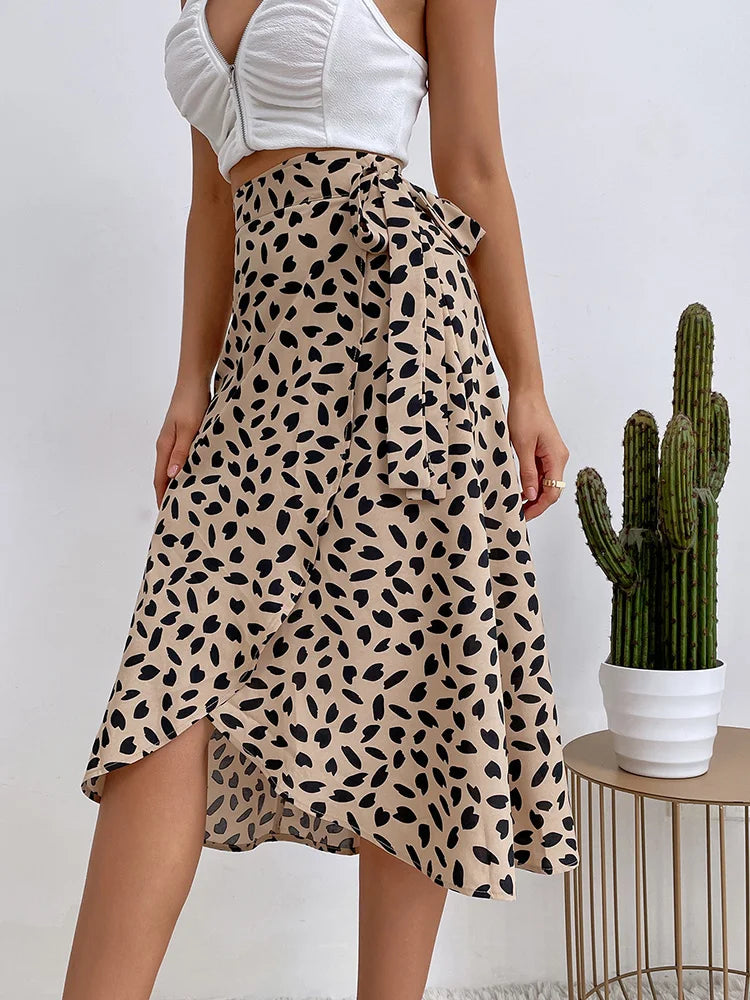 Leopard print tie waist midi skirt, view 5