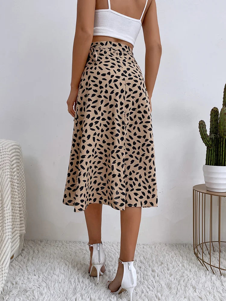 Leopard print tie waist midi skirt, view 6
