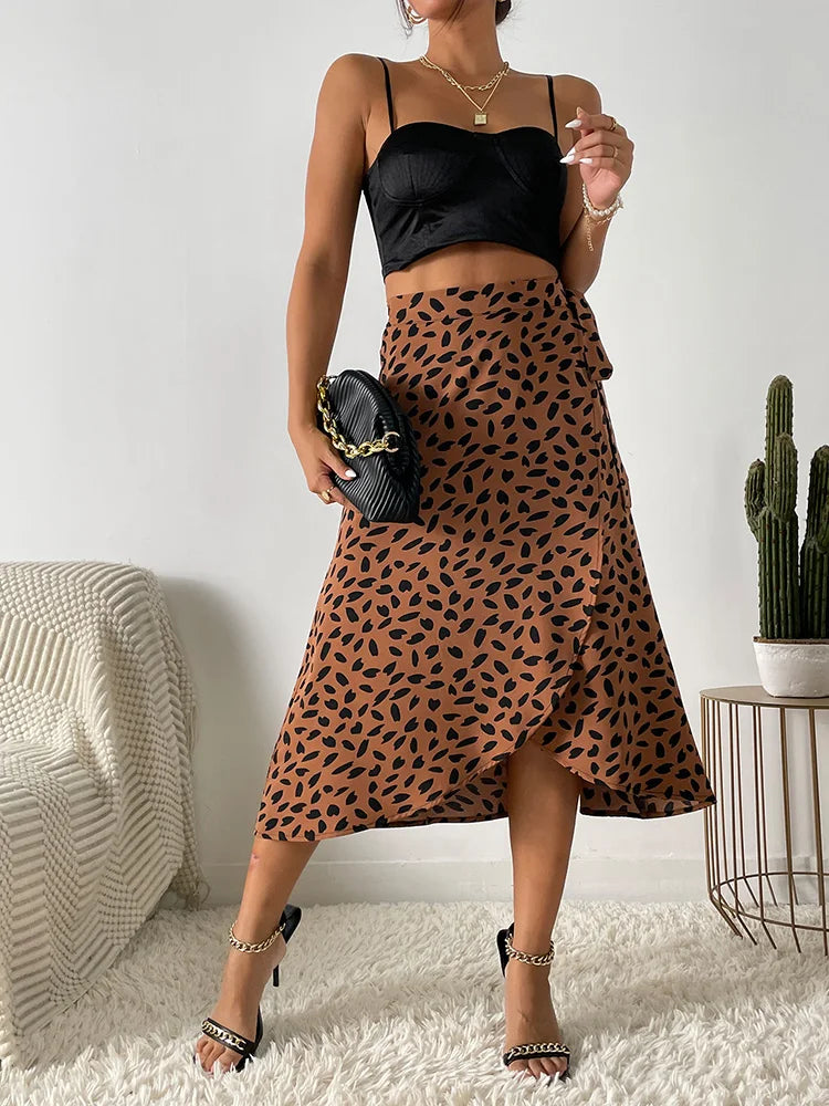 Leopard print tie waist midi skirt in Brown, view 2