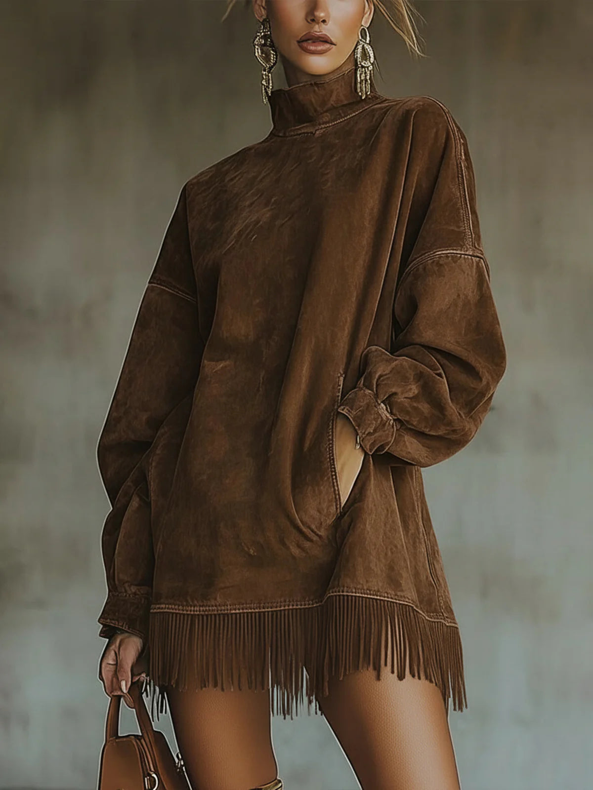 Amalia suede look dress with fringe hem in Brown, view 2