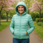 Metta mint green hooded puffer jacket, front view