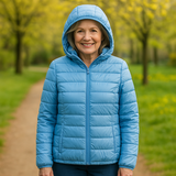 Metta baby blue hooded puffer jacket, front view