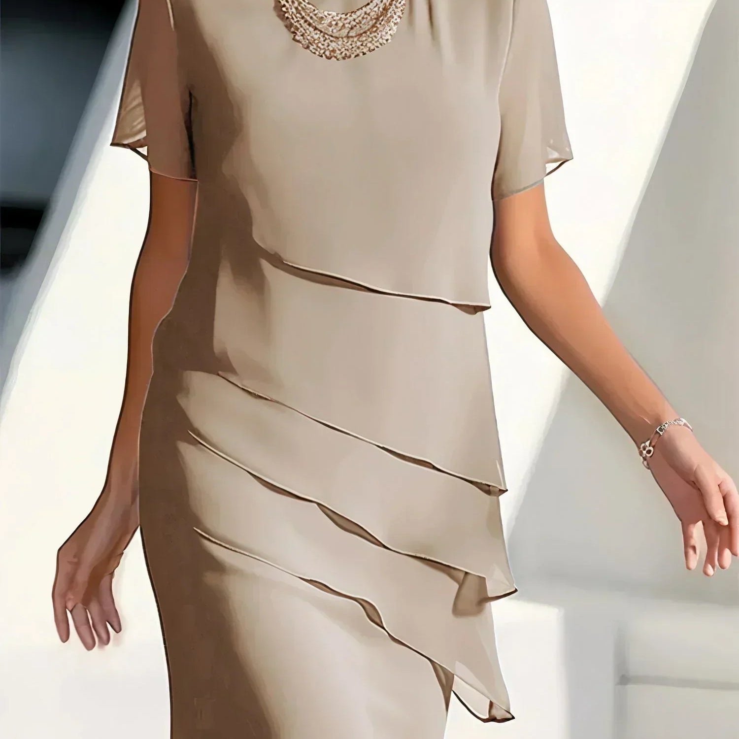 Monica tiered short sleeve midi dress in Khaki, view 4