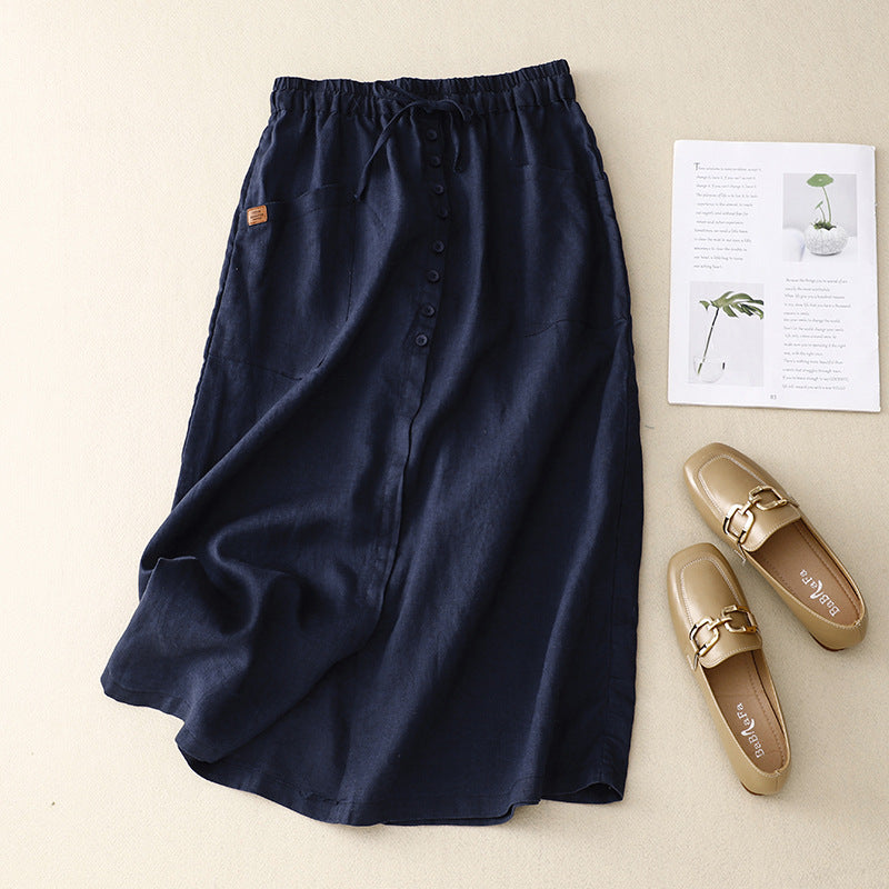 Linen button front midi skirt in Navy Blue, view 4