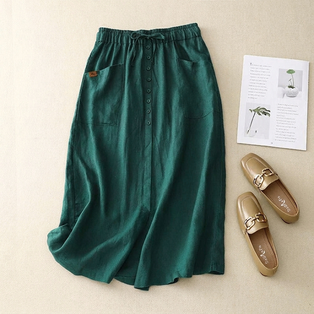 Linen button front midi skirt in Forest Green, view 5