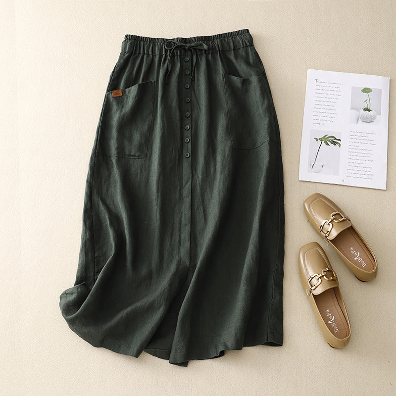 Linen button front midi skirt in Dark Green, view 6