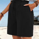 Casual linen style drawstring shorts with pockets, view 2