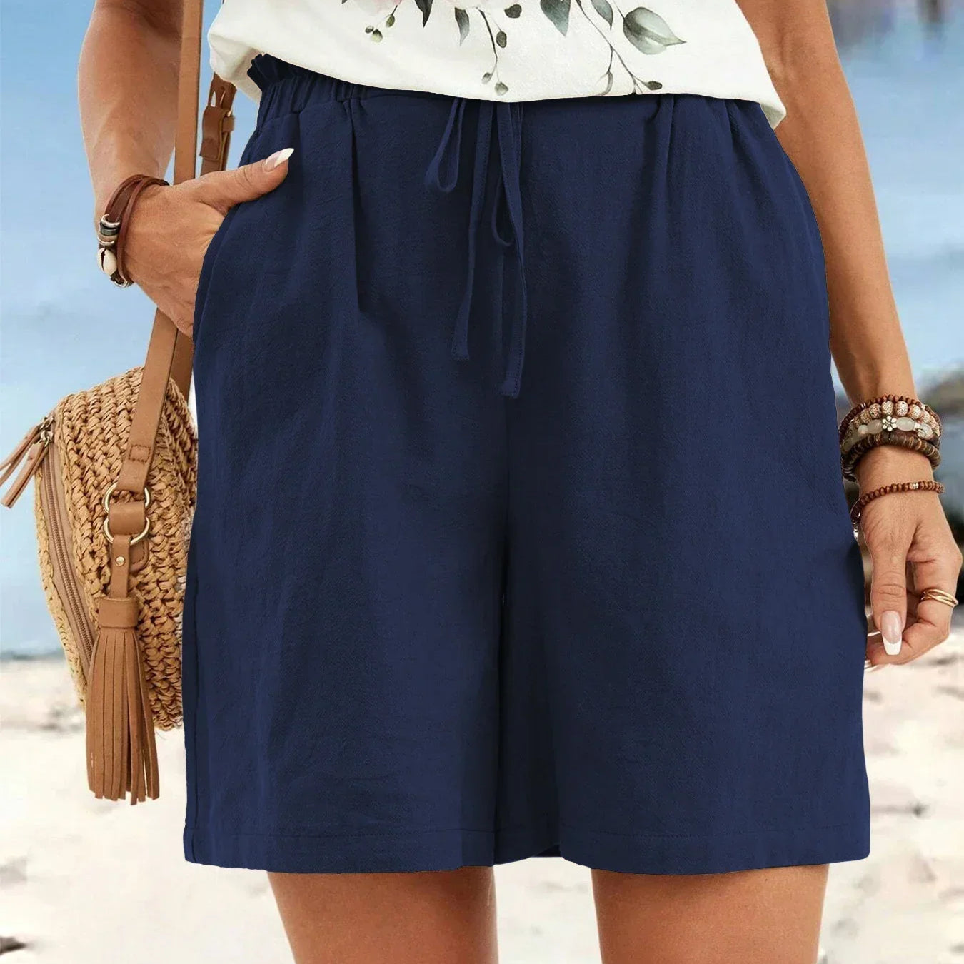 Casual linen style drawstring shorts with pockets in Navy Blue, view 4