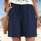 Casual linen style drawstring shorts with pockets in Navy Blue, view 4