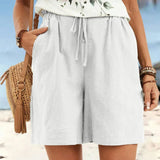 Casual linen style drawstring shorts with pockets in White, view 6