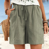 Casual linen style drawstring shorts with pockets in Green, view 7