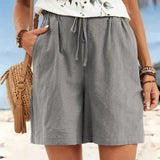 Casual linen style drawstring shorts with pockets in Grey, view 8