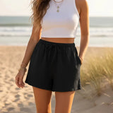 Casual linen style elasticated drawstring shorts in Black, view 4