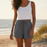 Casual linen style elasticated drawstring shorts in Grey, view 5