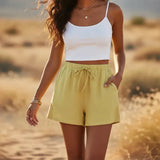 Casual linen style elasticated drawstring shorts in Yellow, view 8