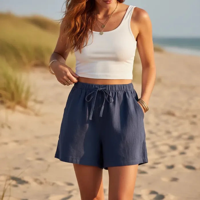 Casual linen style elasticated drawstring shorts in Blue, view 9