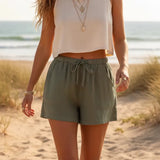 Casual linen style elasticated drawstring shorts in Army Green, front view