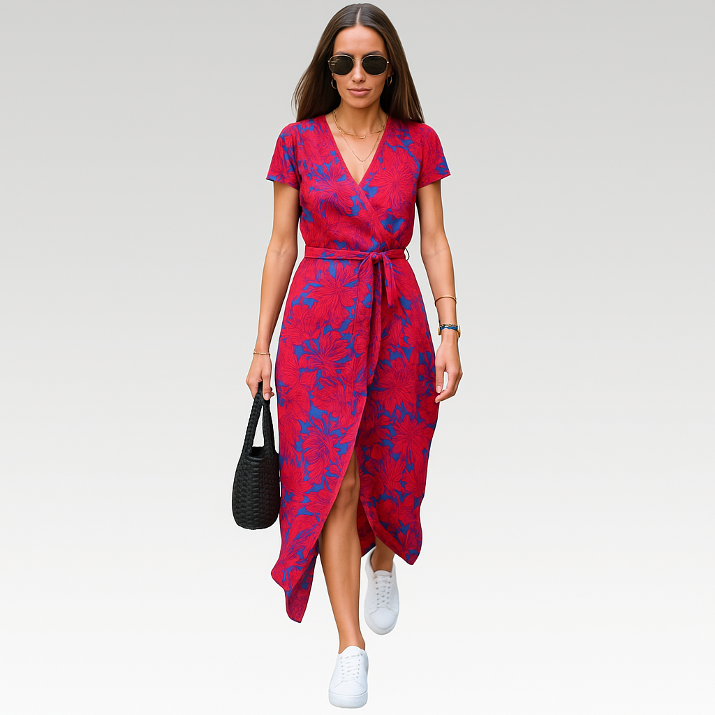 Eva V-neck wrap day dress in Red and Blue, front view
