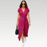 Eva V-neck wrap day dress in Red and Blue, front view