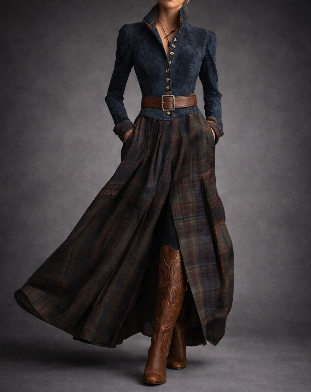 Fouziha denim check belted dress, view 2