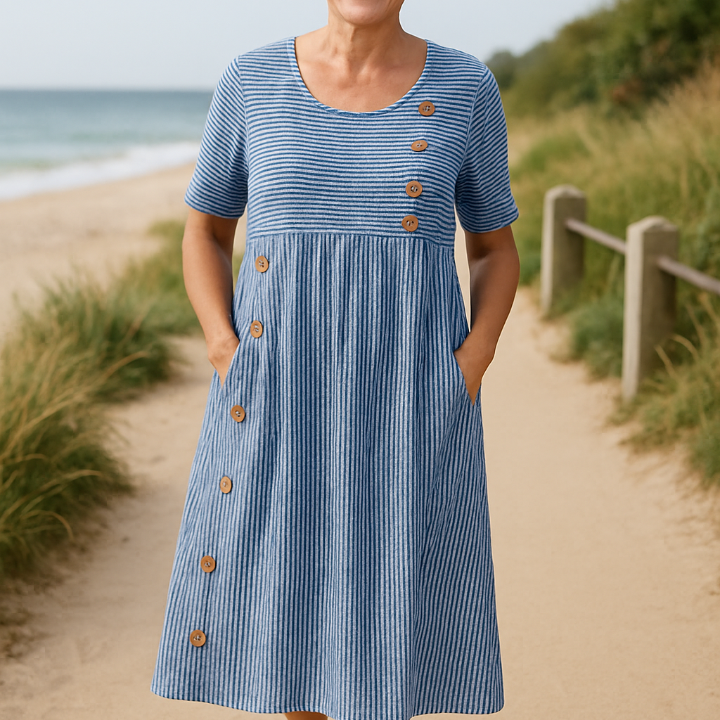 Brienne striped A line midi dress in Blue, front view