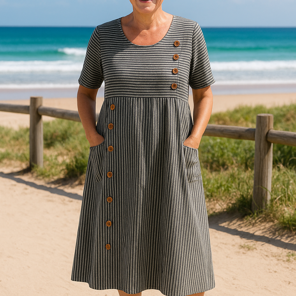Brienne striped A line midi dress in Grey, view 2