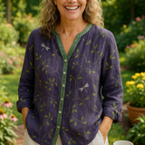 Fern relaxed V-neck print blouse in Plum, view 2